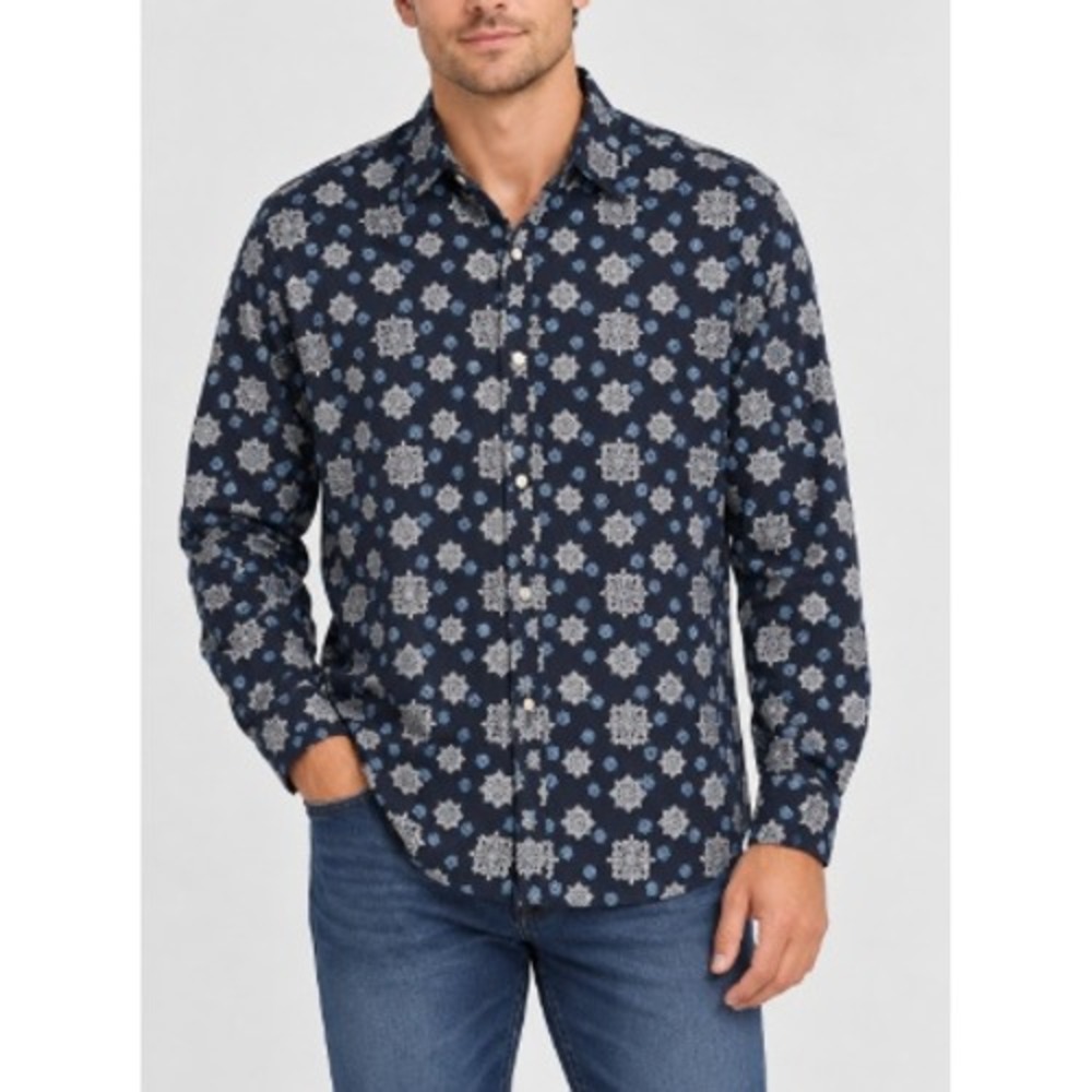 Club Room Mens Navy Blue Medallion Print Long Sleeve Button Down Shirt Size L